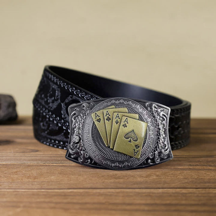 Cinturón de cuero con navaja plegable oculta para hombre, hecho a mano con póker dorado