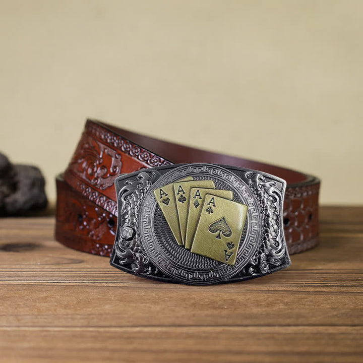 Cinturón de cuero con navaja plegable oculta para hombre, hecho a mano con póker dorado