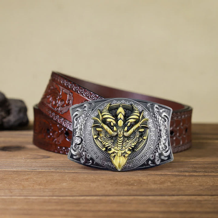 Cinturón de cuero con cuchillo plegable oculto de dragón de pico afilado para hombre