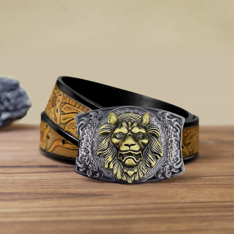 Cinturón de cuero con cuchillo plegable oculto de león dorado para hombre