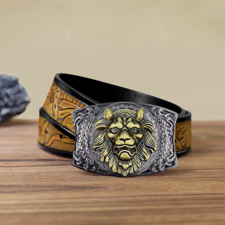 Cinturón de cuero con cuchillo plegable oculto de león dorado para hombre