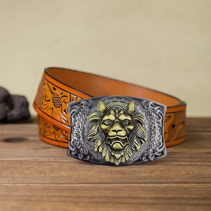 Cinturón de cuero con cuchillo plegable oculto de león dorado para hombre