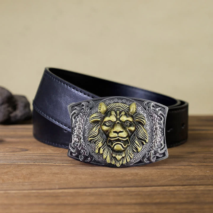 Cinturón de cuero con cuchillo plegable oculto de león dorado para hombre
