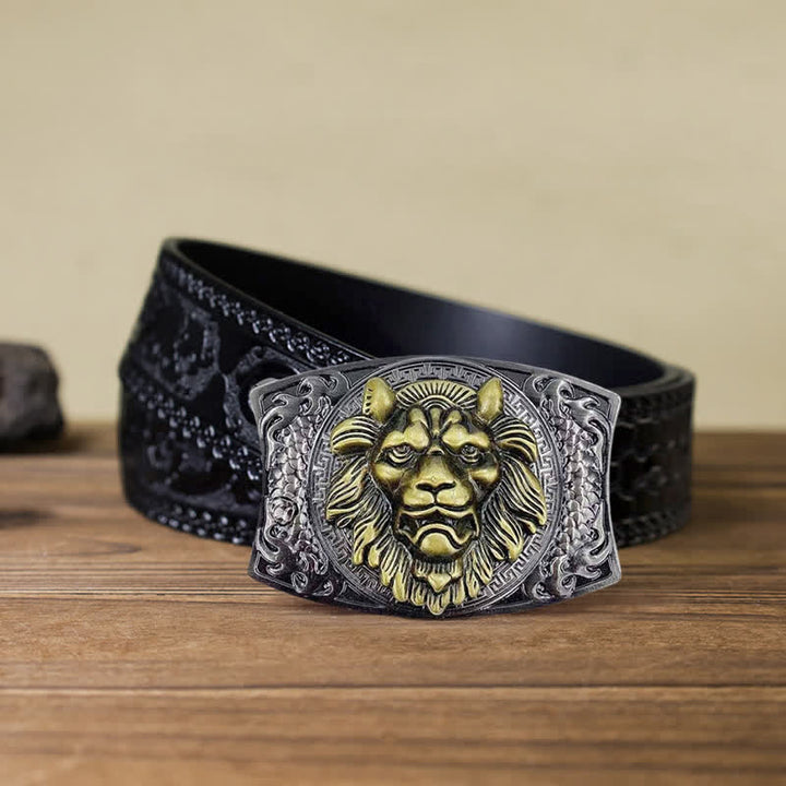 Cinturón de cuero con cuchillo plegable oculto de león dorado para hombre