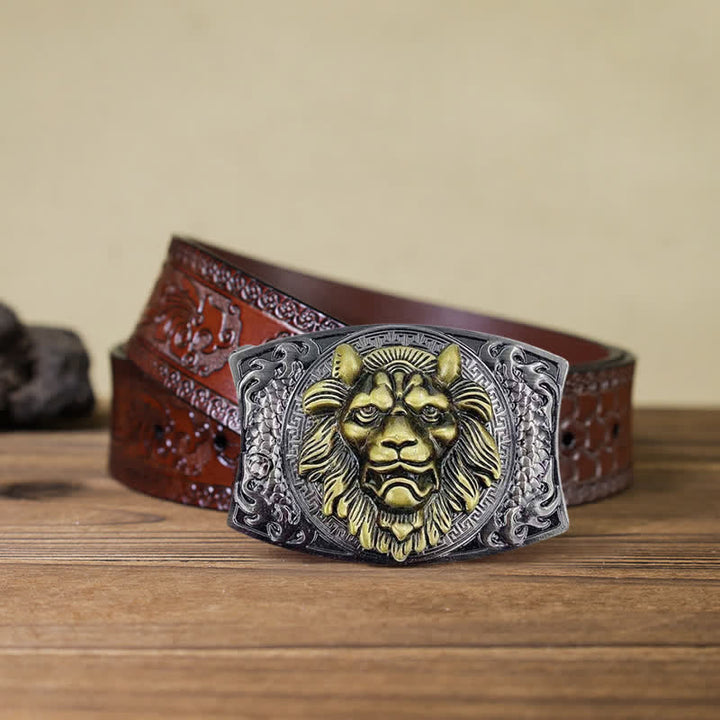 Cinturón de cuero con cuchillo plegable oculto de león dorado para hombre