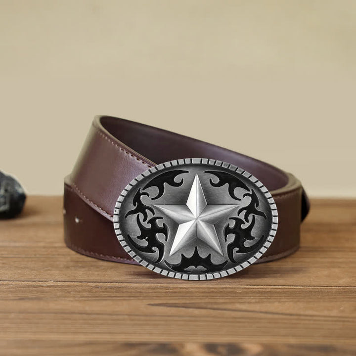 Cinturón de cuero con hebilla de estrella solitaria plateada para hombre hecho a mano