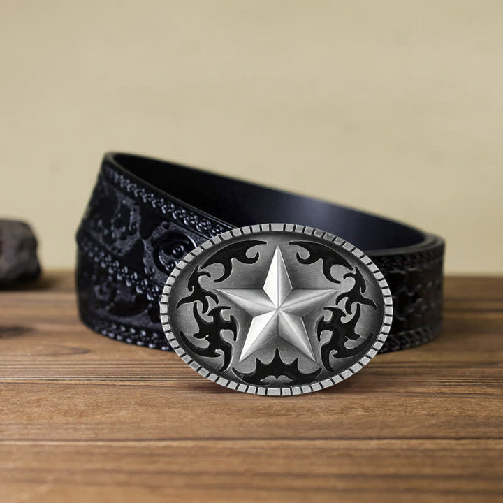 Cinturón de cuero con hebilla de estrella solitaria plateada para hombre hecho a mano