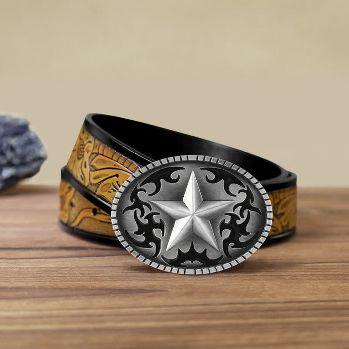 Cinturón de cuero con hebilla de estrella solitaria plateada para hombre hecho a mano