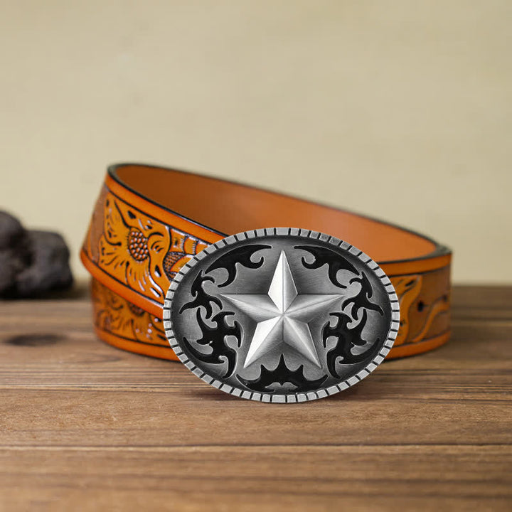 Cinturón de cuero con hebilla de estrella solitaria plateada para hombre hecho a mano
