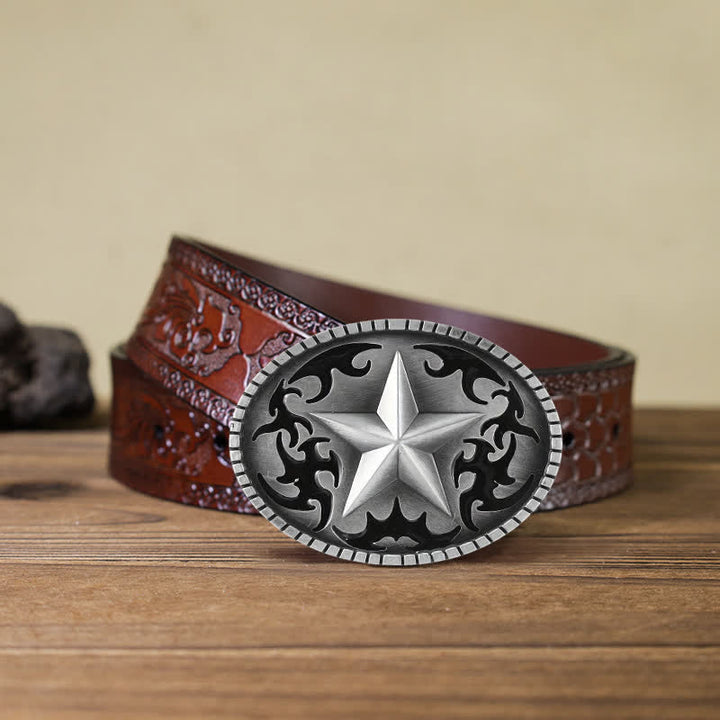 Cinturón de cuero con hebilla de estrella solitaria plateada para hombre hecho a mano