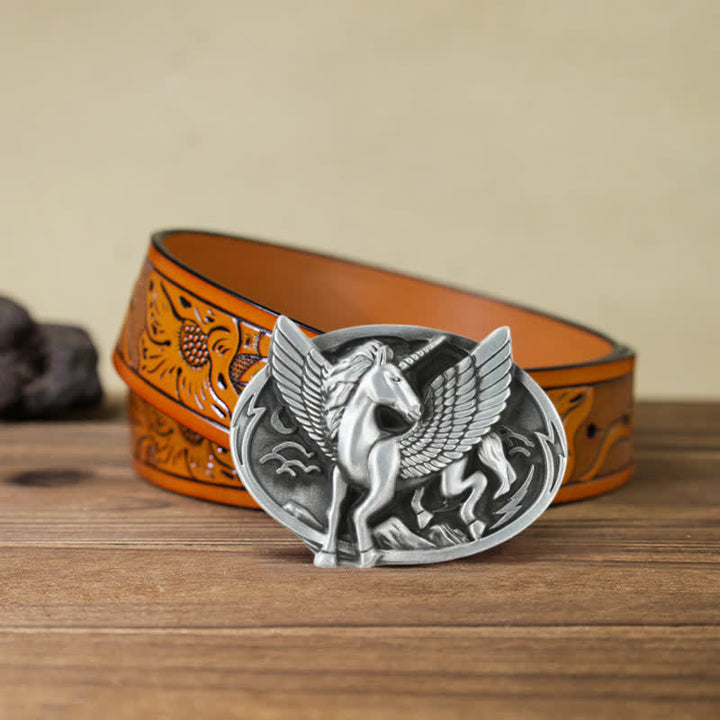Cinturón de cuero con hebilla de unicornio de plata antigua para hombre hecho a mano