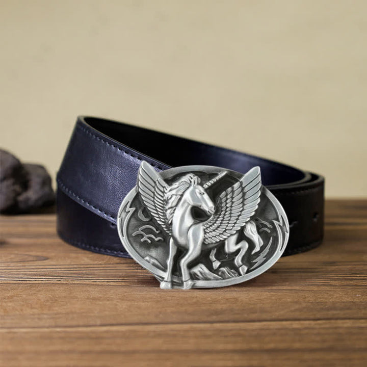 Cinturón de cuero con hebilla de unicornio de plata antigua para hombre hecho a mano