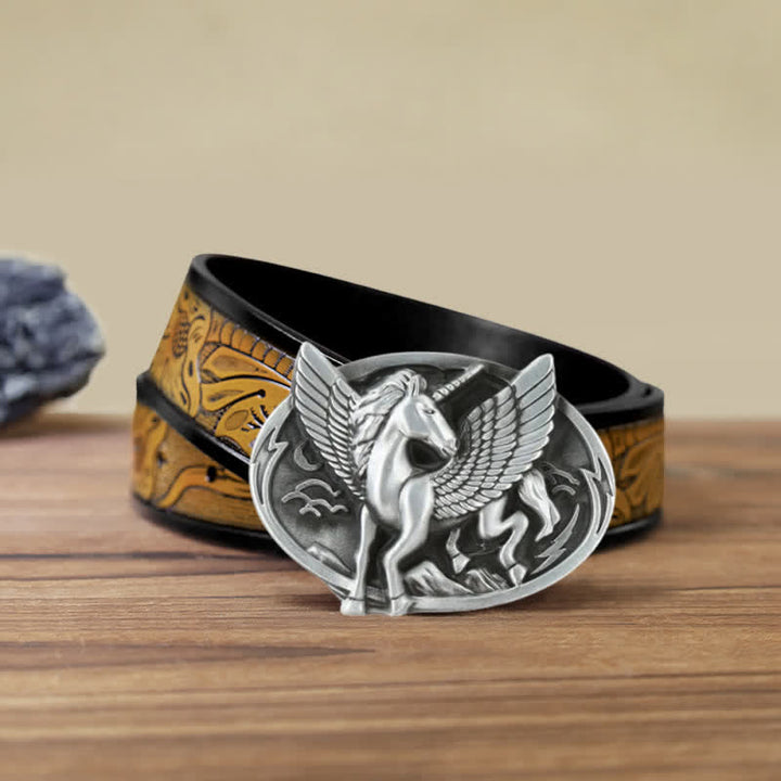 Cinturón de cuero con hebilla de unicornio de plata antigua para hombre hecho a mano