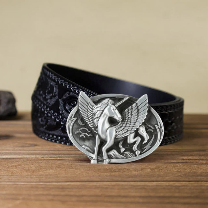 Cinturón de cuero con hebilla de unicornio de plata antigua para hombre hecho a mano