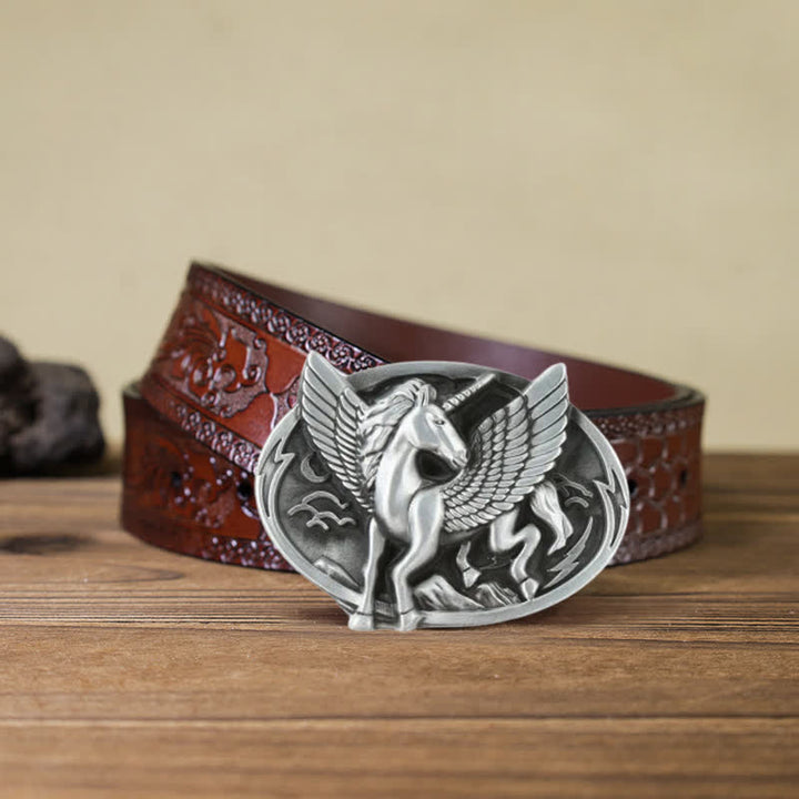 Cinturón de cuero con hebilla de unicornio de plata antigua para hombre hecho a mano
