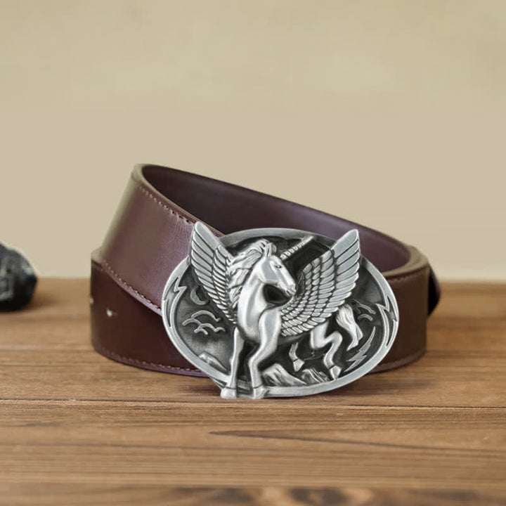 Cinturón de cuero con hebilla de unicornio de plata antigua para hombre hecho a mano