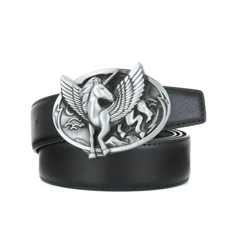 Cinturón de cuero con hebilla de unicornio de plata antigua para hombre hecho a mano