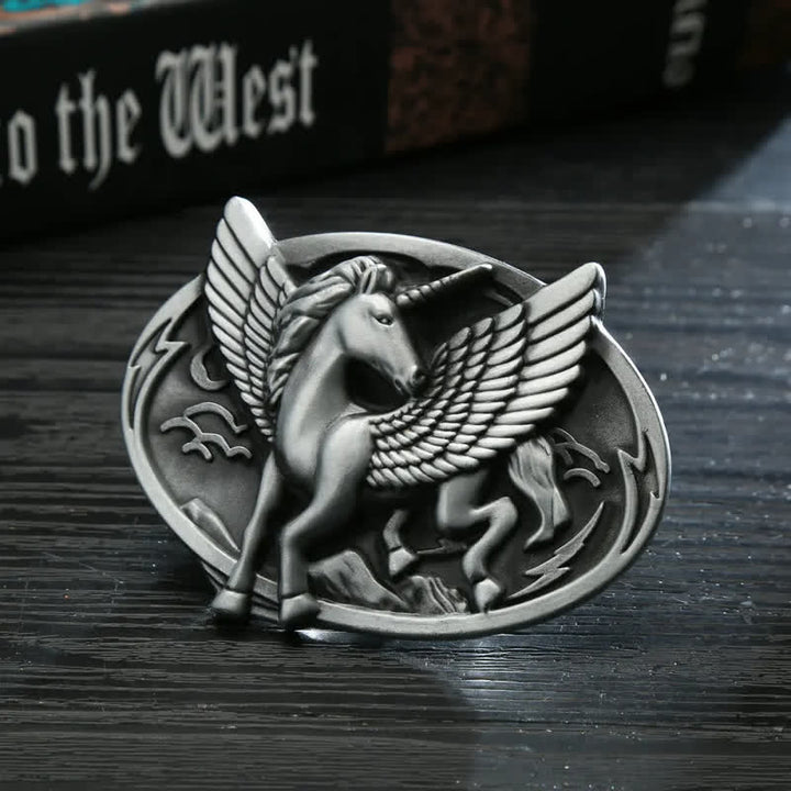 Cinturón de cuero con hebilla de unicornio de plata antigua para hombre hecho a mano