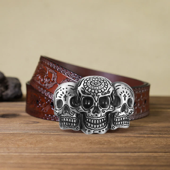 Cinturón de cuero con hebilla de calavera triple para hombre, hecho a mano