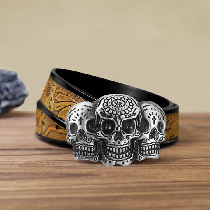 Cinturón de cuero con hebilla de calavera triple para hombre, hecho a mano