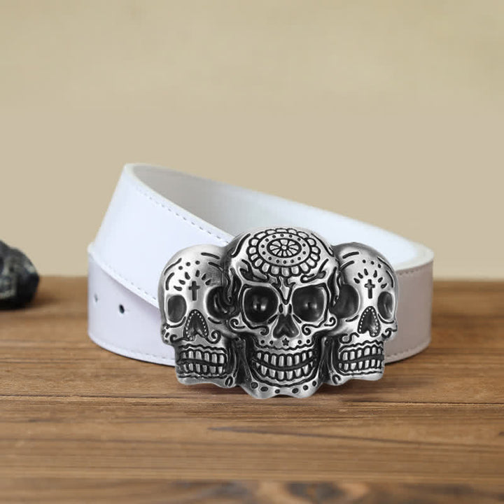 Cinturón de cuero con hebilla de calavera triple para hombre, hecho a mano