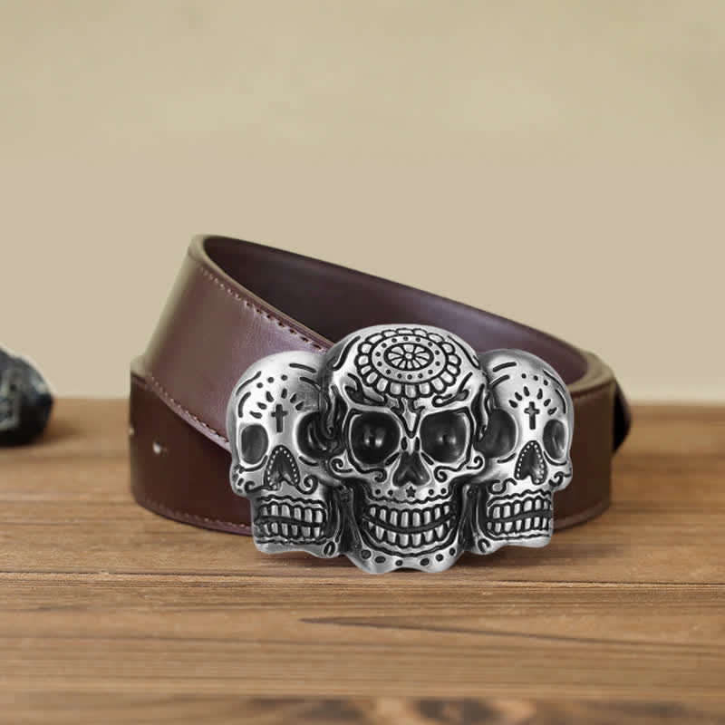 Cinturón de cuero con hebilla de calavera triple para hombre, hecho a mano
