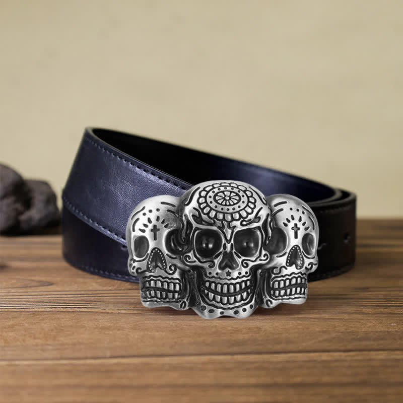 Cinturón de cuero con hebilla de calavera triple para hombre, hecho a mano