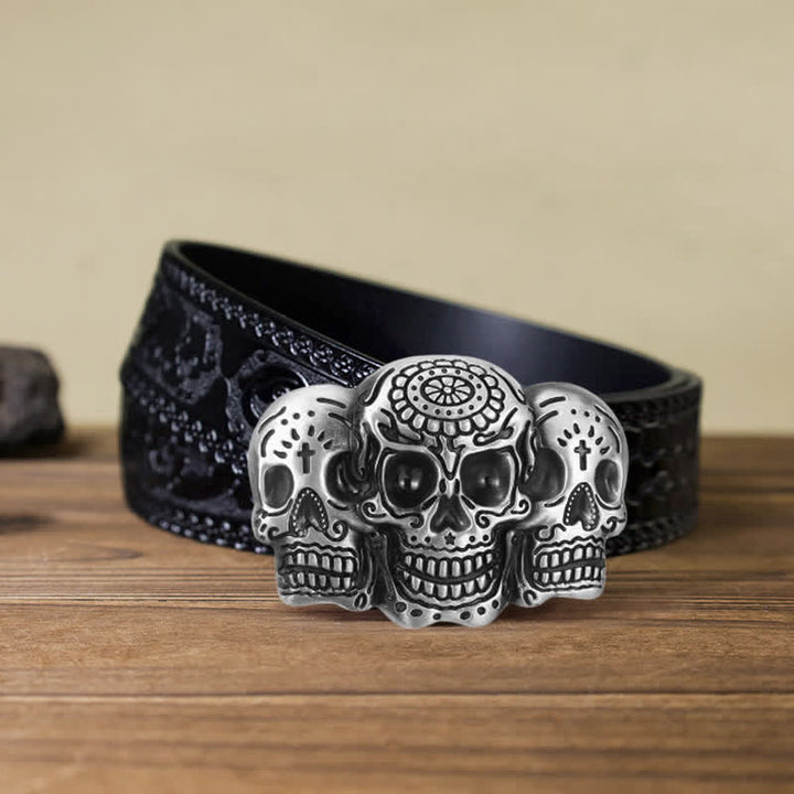Cinturón de cuero con hebilla de calavera triple para hombre, hecho a mano