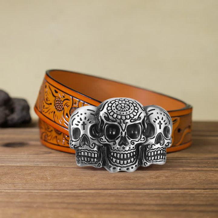 Cinturón de cuero con hebilla de calavera triple para hombre, hecho a mano