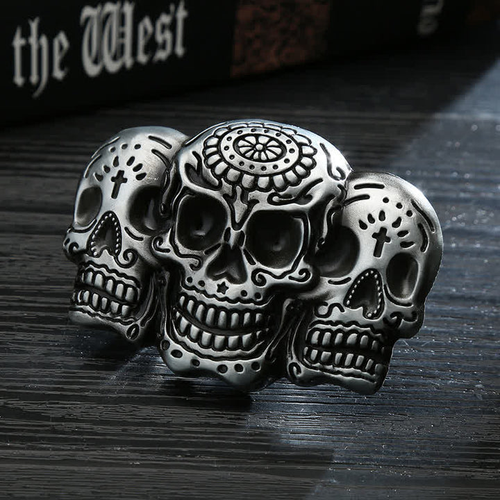 Cinturón de cuero con hebilla de calavera triple para hombre, hecho a mano