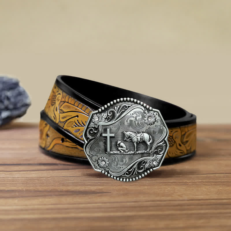 Cinturón de cuero con hebilla hexagonal para hombre hecho a mano con oración de rodillas