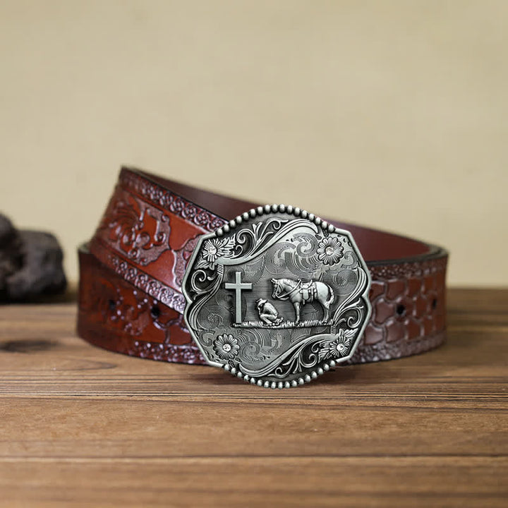 Cinturón de cuero con hebilla hexagonal para hombre hecho a mano con oración de rodillas