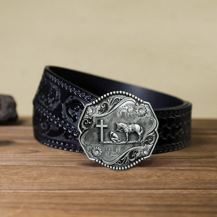 Cinturón de cuero con hebilla hexagonal para hombre hecho a mano con oración de rodillas