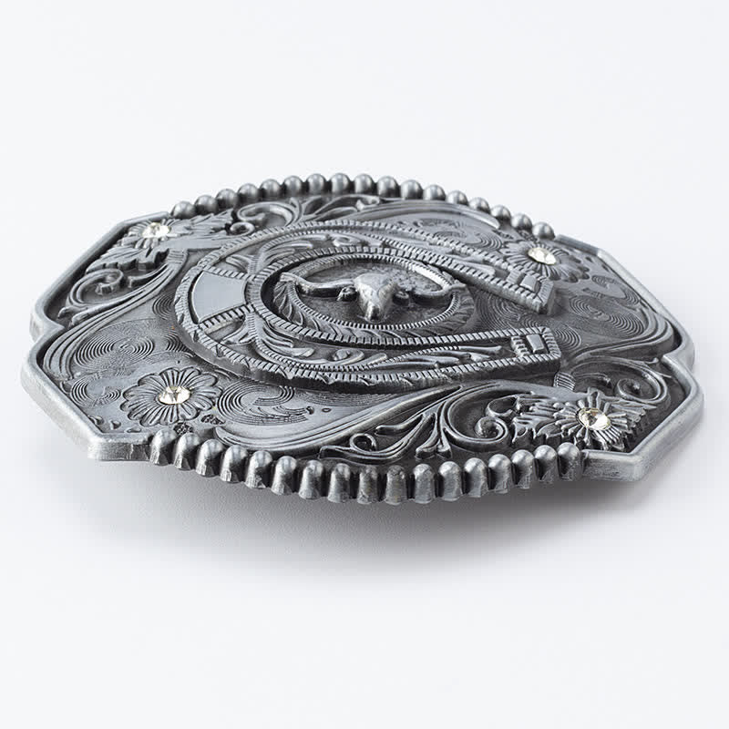 Cinturón de cuero con hebilla de toro y diseño floral con diamantes de imitación para hombre