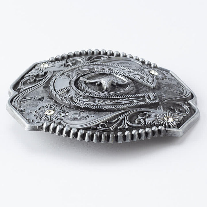 Cinturón de cuero con hebilla de toro y diseño floral con diamantes de imitación para hombre