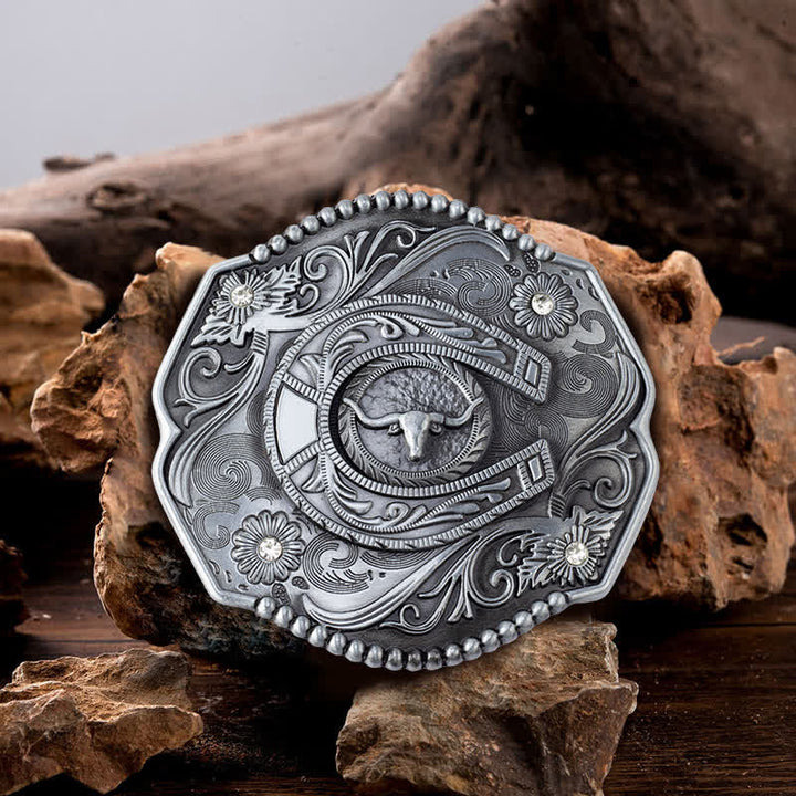 Cinturón de cuero con hebilla de toro y diseño floral con diamantes de imitación para hombre