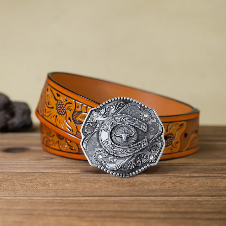 Cinturón de cuero con hebilla de toro y diseño floral con diamantes de imitación para hombre