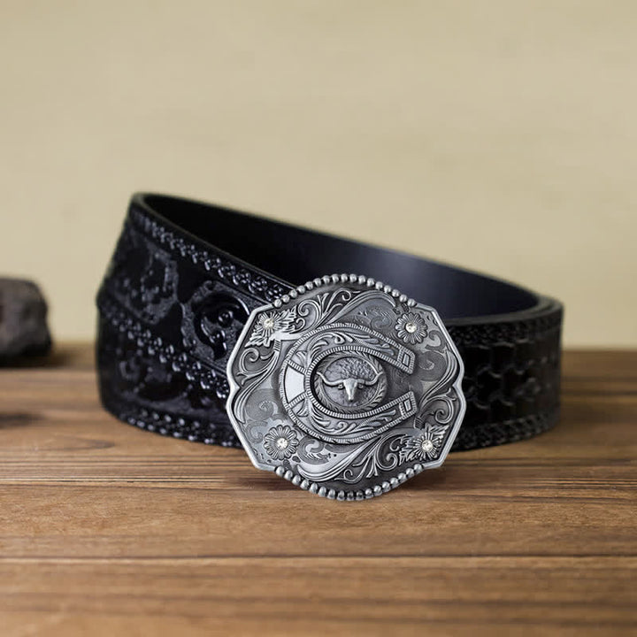 Cinturón de cuero con hebilla de toro y diseño floral con diamantes de imitación para hombre