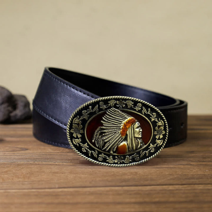 Cinturón de cuero con hebilla tribal de jefe indio para hombre, hecho a mano