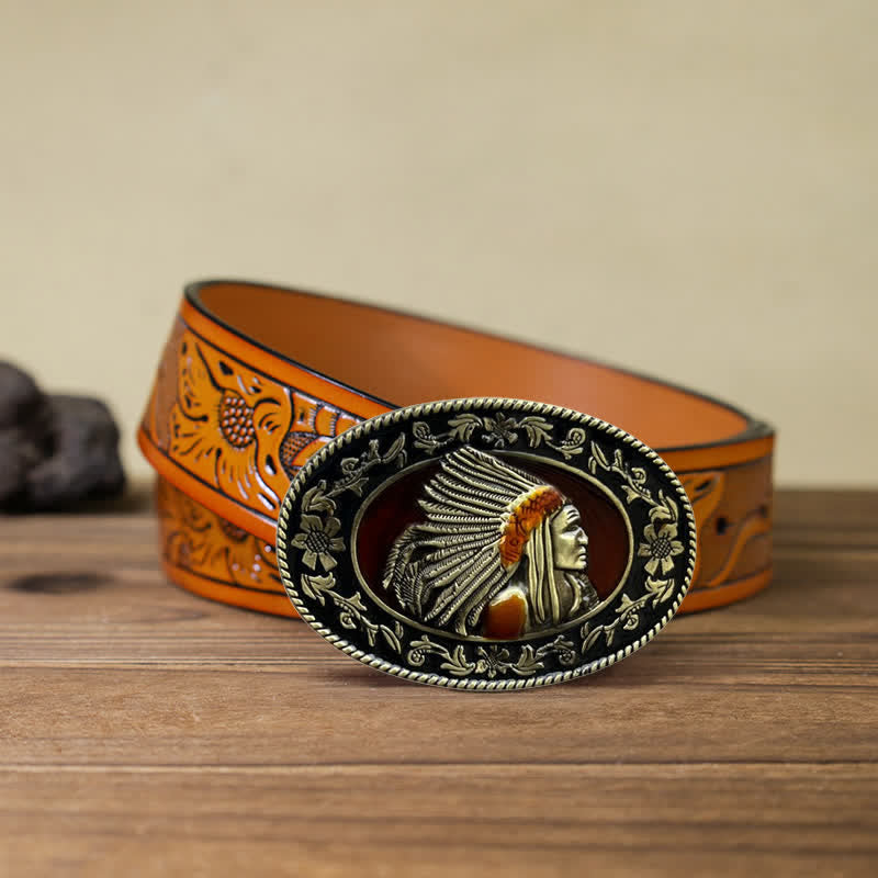 Cinturón de cuero con hebilla tribal de jefe indio para hombre, hecho a mano