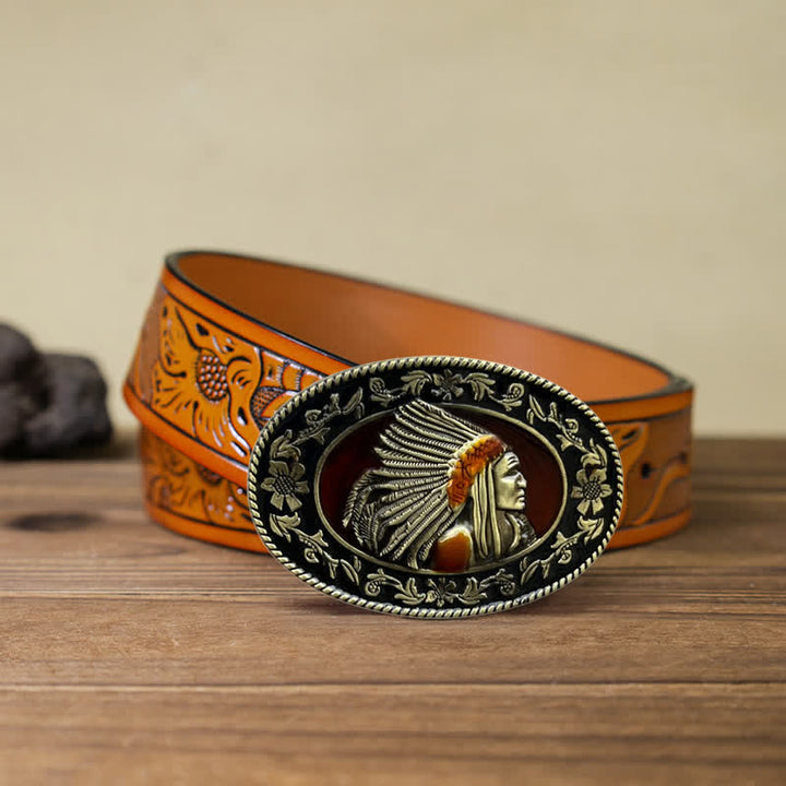 Cinturón de cuero con hebilla tribal de jefe indio para hombre, hecho a mano
