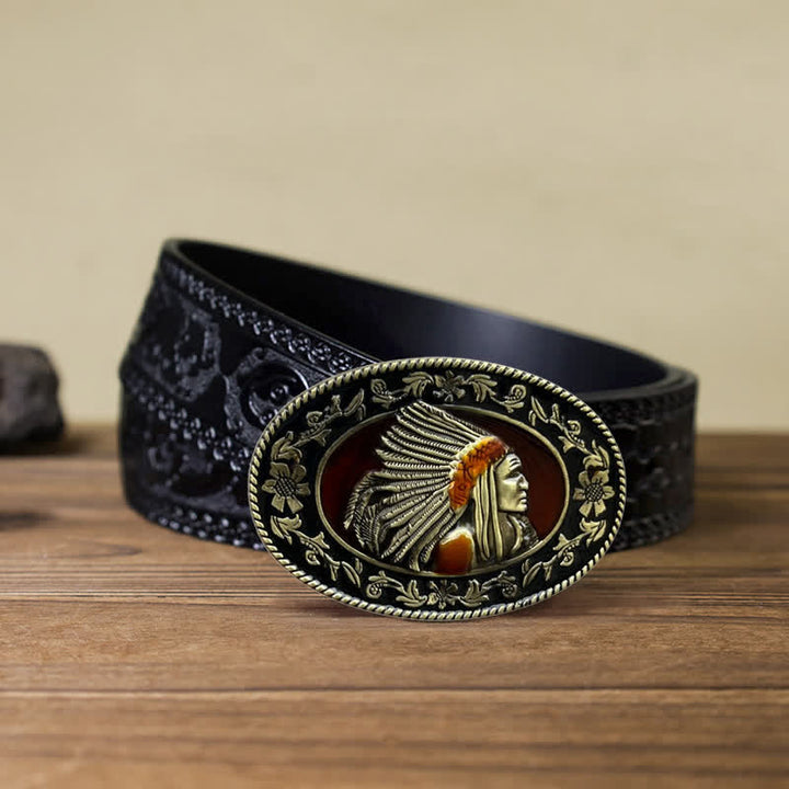Cinturón de cuero con hebilla tribal de jefe indio para hombre, hecho a mano