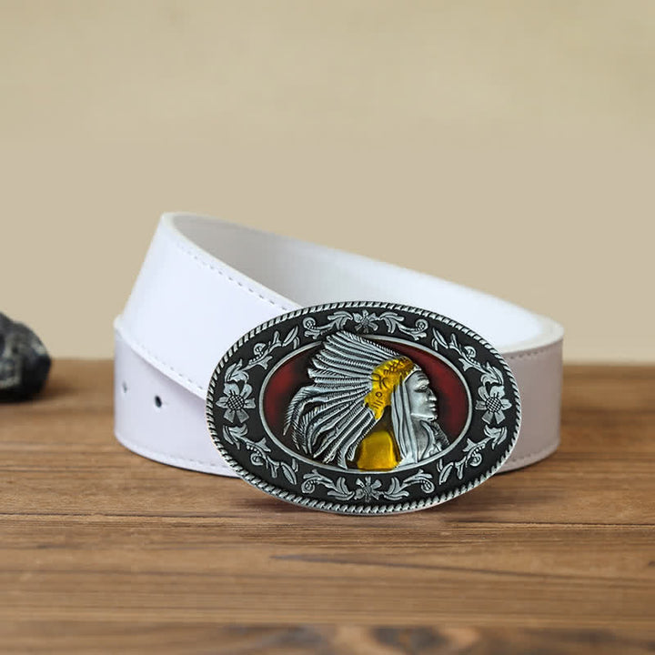 Cinturón de cuero con hebilla tribal de jefe indio para hombre, hecho a mano