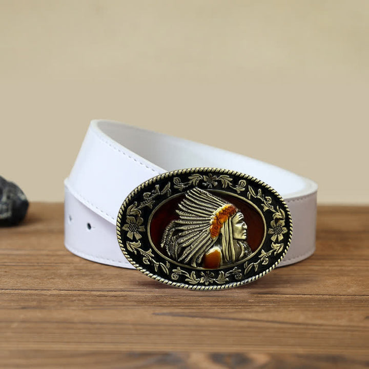 Cinturón de cuero con hebilla tribal de jefe indio para hombre, hecho a mano