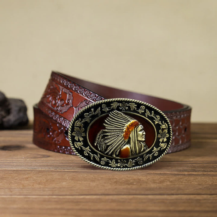 Cinturón de cuero con hebilla tribal de jefe indio para hombre, hecho a mano