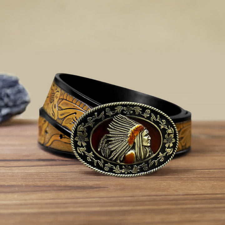 Cinturón de cuero con hebilla tribal de jefe indio para hombre, hecho a mano