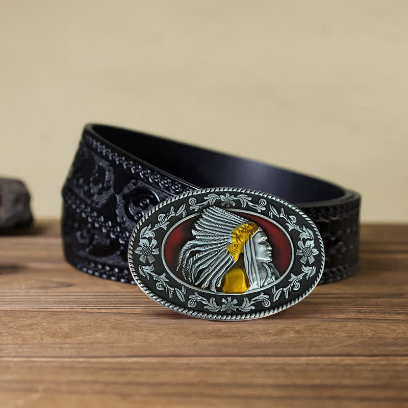Cinturón de cuero con hebilla tribal de jefe indio para hombre, hecho a mano