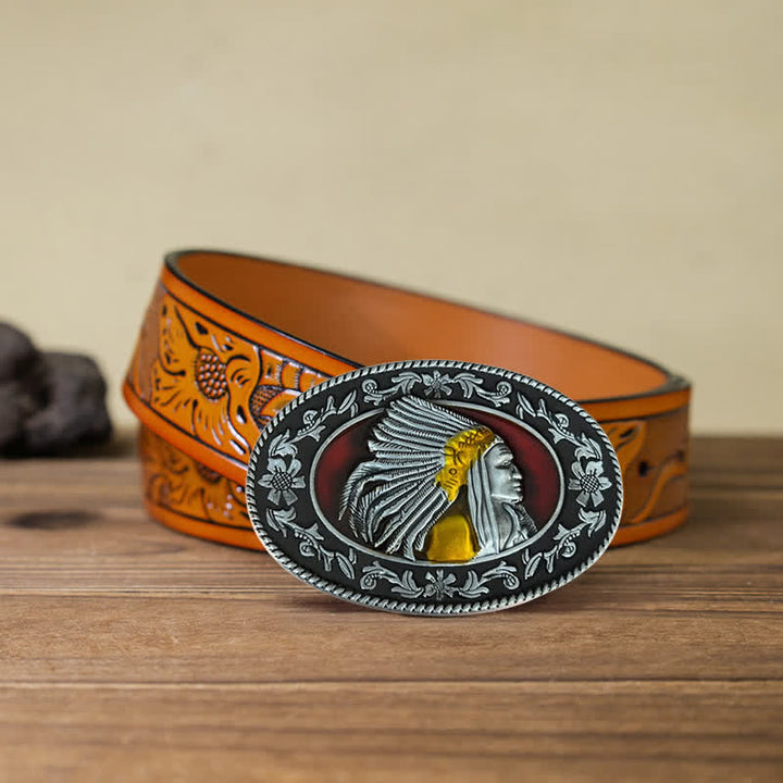 Cinturón de cuero con hebilla tribal de jefe indio para hombre, hecho a mano