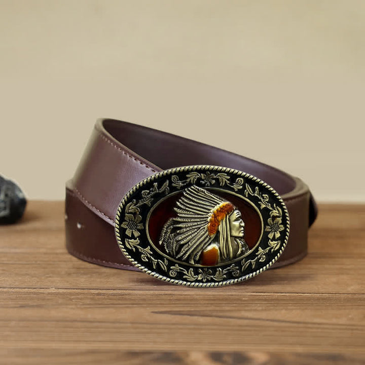 Cinturón de cuero con hebilla tribal de jefe indio para hombre, hecho a mano