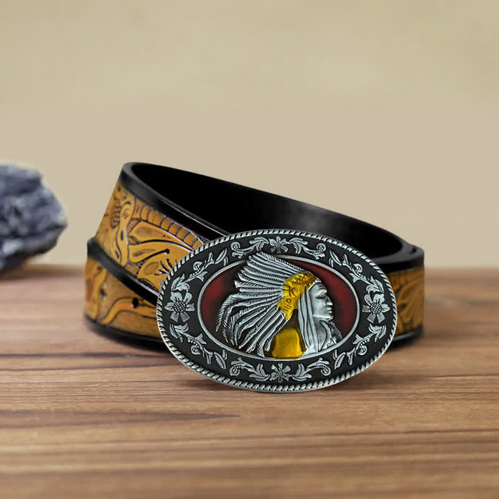 Cinturón de cuero con hebilla tribal de jefe indio para hombre, hecho a mano